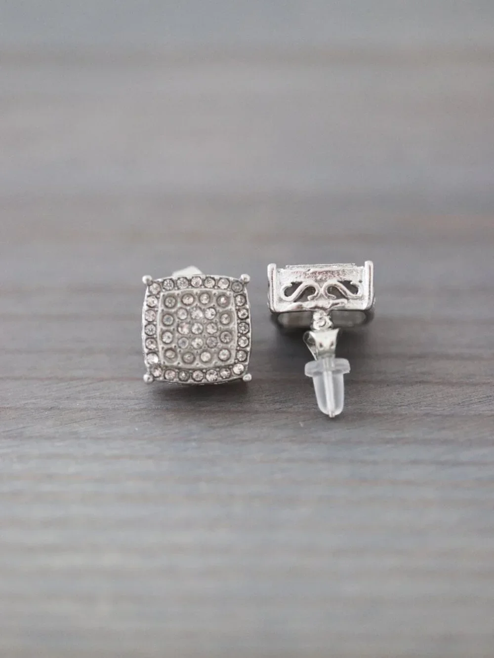 12mm Square Box Pave Style with Side Stones CZ Diamonds Stud Earrings Silver Pla